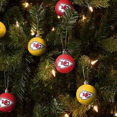 Kansas City Chiefs 12 Pack Ball Ornament Set FOCO - FOCO.com Chiefs Christmas Tree, Coworker Ornaments, Chiefs Christmas, Bulb Ornaments, Plastic Ball, Logo Display, Kc Chiefs, Wall Plates, Christmas Tree Ideas