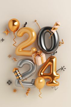 the number twenty four is surrounded by balloons and streamers in gold, silver, and black