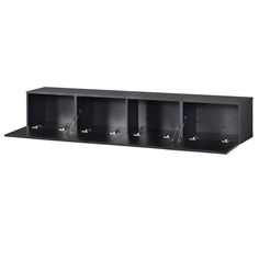 a black shelf with four compartments and three hooks