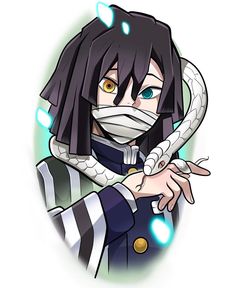 an anime character wearing a mask and holding a snake around his neck with both hands