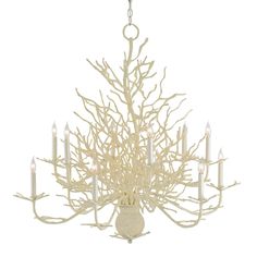 a white chandelier with candles hanging from it's center branch and branches in the middle