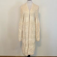 Brand New! Never Worn. Shoulder To Shoulder 18” Sleeves 30” Bust 36/38” Waist 31/33” Shoulder To Hem 44” Cream Spring Sweater For Daywear, Long Fitted Cream Cardigan, Long Fitted Cream Sweater, Long Cream Sweater For Layering, Cream Long Sweater For Layering, White Knit Outerwear For Daywear, Long Spring Daywear Sweater, Casual Off White Cardigan For Spring, White Knit Sweater For Daywear