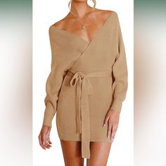 Zesica Women's Long Batwing Sleeve Wrap V Neck Knitted Backless Bodycon Pullover Sweater Dress With Belt Xs New With Tags Winter Mini Length Bodycon Dress For Brunch, Winter Brunch Mini Bodycon Dress, Knit V-neck Mini Dress For Night Out, Beige V-neck Sweater Dress For Party, Fitted Sweater Dress For Brunch, Winter Sweater Dress For Brunch, Sweater Dress With Belt, Backless Sweater, Bodycon Sweater