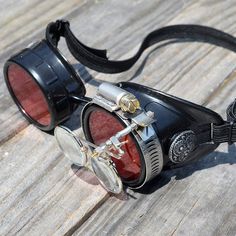 STEAMPUNK GOGGLES, Black with Red Lenses, Silver Accents and Magnifying Loupes, Great for Halloween, Vintage Black Mask And Prosthetics For Costume, Black Post-apocalyptic Masks And Prosthetics For Festival, Post-apocalyptic Black Masks And Prosthetics For Festival, Black Steampunk Masks And Prosthetics With Adjustable Fit, Black Adjustable Steampunk Masks And Prosthetics, Airship Captain, Red Steampunk, Aviator Goggles, Welding Glasses