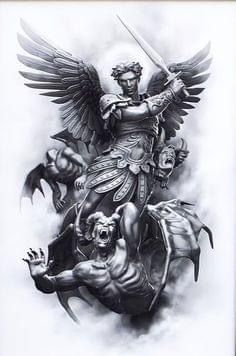 a black and white drawing of a man on a horse with an angel above his head