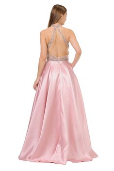 Sparkle and shine in this long illusion high neck dress with beaded sweetheart bodice by Poly USA 8344. Made out of mikado, this beautiful formal gown features a sleeveless illusion bodice encrusted with sparkly beads and sequins, flirty open back with cut out, side pockets, floor length A-line skirt, and a zipper closure. Affordably priced under $300, this long evening dress is perfect for any formal event and will keep you on budget! Designer: Poly USA Style Number: 8344 Material: Mikado, 100% Glamorous Satin Dress For Debutante Ball, Glamorous Ball Gown For Debutante Ball With Lined Bodice, Glamorous Ball Gown With Lined Bodice For Debutante Ball, Elegant Homecoming Evening Dress With Crystals, Glamorous Fitted Evening Dress For Debutante Ball, Pink Pageant Dress For Prom, Glamorous Gown For Debutante Ball, Prom Season Ball Gown With Illusion Neckline, Floor-length Fitted Ball Gown With Illusion Neckline