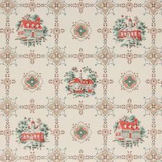 an old fashioned wallpaper with red and white houses on it