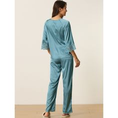 Great for loungewear, nightwear, sleepwear, home bedroom, and daily wear. This loungewear pajama set for women is constructed of satin fabric, and pants with elastic waist, making it convenient to take on/off, keeping you pretty and comfortable all day. Featuring solid color and palazzo pants design, soft and comfortable make you feel cozy all night, and enjoy a comfortable sleep and sweet dream.No matter the cozy bedtime, casual home relax, laze afternoon, comfy bath, the soft and lightweight w Blue Sleepwear Long Pants For Loungewear, Blue Long Pants Sleepwear For Loungewear, Blue Relaxed Fit Sleepwear For Home, Blue Sleepwear Sets With Long Pants, Blue Lounging Sets With Long Pants, Blue Sets For Lounging With Long Pants, Blue Lounge Sets With Long Pants, Blue Relaxed Fit Sleep Sets, Blue Sleepwear Long Pants For Pajama Party