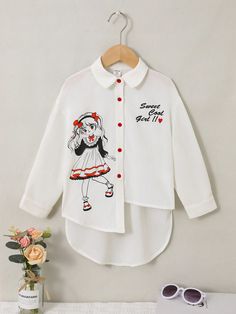 White Casual Collar Long Sleeve Woven Fabric Figure,Letter Shirt Embellished Non-Stretch  Young Girls Clothing Girls White Shirt, Shirt Design For Girls, Kids Dress Collection, African Pattern Design, Ethereal Dress, Baby Frocks Designs, Frocks For Girls, Girls Blouse, Fashionista Clothes