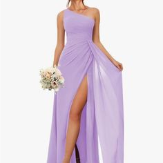 a woman wearing a purple dress with one leg slited and holding a bouquet in her hand