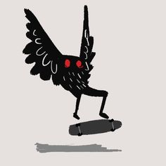 a black bird with red eyes is on a skateboard and has its wings spread out