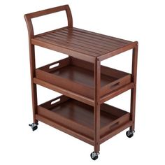 a wooden serving cart with two shelves on wheels