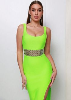 Unleash your inner fashionista in our High Split Sleeveless Metallic Decor Bandage Dress. The neon green hue adds a pop of color while the high split and sleeveless design keep you cool and comfortable. With metallic decor on the waist, this maxi dress is the perfect combination of style and sophistication. Fabric: High Stretch Material: Polyester, Elastane Trendy Green Sleeveless Mini Dress, Trendy Green Bodycon Dress For Club, Green Summer Bodycon Dress For Party, Neon Summer Party Dress, Green Sleeveless Bodycon Dress For Night Out, Sleeveless Green Bodycon Dress For Night Out, Sleeveless Green Mini Dress For Club, Green Sleeveless Mini Dress For Club, Lime Green Mini Dress For Summer Party