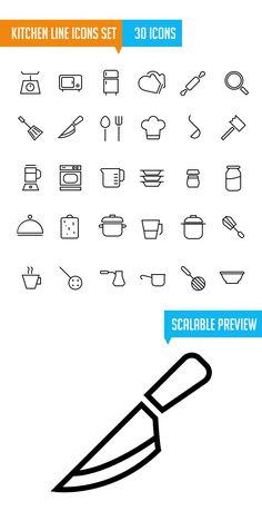 the kitchen line icons set includes a large knife, bowl and other cooking utensils