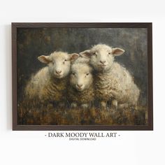 two sheep standing next to each other in front of a wall with the words dark mood wall art on it