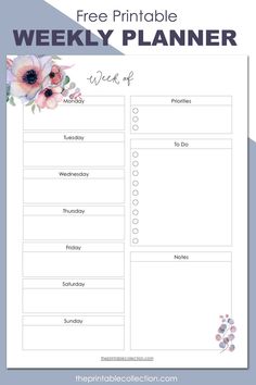 weekly planner page with blocks to write what you have to do for each day of the week, priorities, to do and notes watercolor images of flowers and foliage Weekly Planner Printable Templates, Exam Planner, Weekly Planner Print, Simple Weekly Planner, Free Planner Templates, Weekly Schedule Planner, Weekly Planner Free Printable, Daily Planner Printables Free, Free Daily Planner