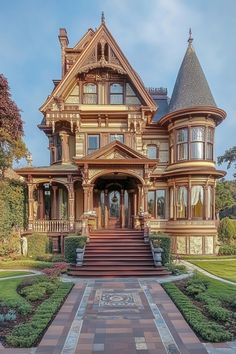 a large victorian style house with lots of windows and steps leading up to the front door