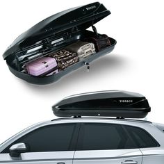 an open trunk sitting on the back of a silver car next to a vehicle with luggage in it