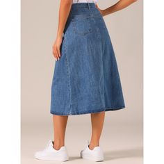 The basic design creates a casual yet stylish look, a must-have in any woman's wardrobe. This jean skirt features a classic denim fabric with a drape. The flap pockets add a trendy and functional element to the skirt, providing extra storage space. Pair it with a fitted blouse and heels for a chic and sophisticated look, or go for a more casual vibe by pairing them with a graphic tee. High-waisted Denim Skirt, High Waist Solid Denim Skirt, Solid High-waist Denim Skirt, Casual Knee-length Denim Skirt, Non-stretch Casual Denim Skirt, Solid Non-stretch Casual Denim Skirt, Casual Non-stretch Solid Denim Skirt, Casual Non-stretch Denim Skirt, Solid Denim Skirt With Pockets