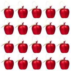 twelve red apples with ribbons tied to them, all lined up in the same pattern