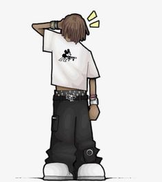 a drawing of a person wearing black pants and a white t - shirt, with his hand on his head