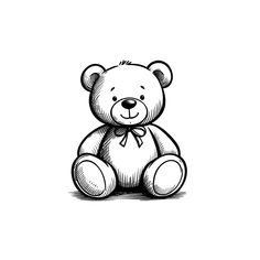 a black and white drawing of a teddy bear with a bow on it's neck