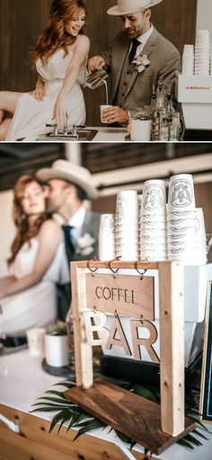 two photos of people at a coffee bar and one has a sign that says coffee bar