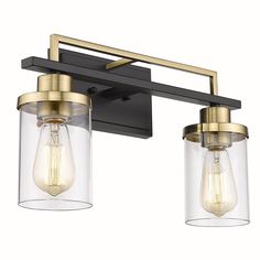 two light bathroom fixture with clear glass shades and gold trimmings on the wall