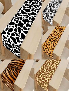 six different animal print table runners in various colors and sizes on wooden tables with zebra prints