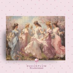 a painting of four women in pink and white dresses, with the words sugarplum stationery on it