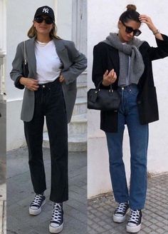 Classic Outfits With Converse, Converse Minimalist Outfit, Smart Casual Trainers Outfit Women, Jumper Over Shoulders, Blazer With Sweatshirt, Fall Style 2023 Women Casual, Jeans Chiari Outfit, Black Converse Outfit Women, Look Jean Noir