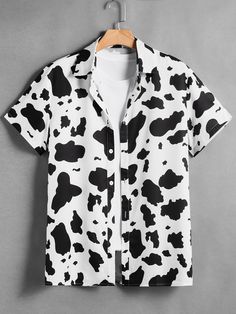 Men Cow Print Shirt Without Tee, School Black and White Casual  Short Sleeve Fabric All Over Print Shirt Slight Stretch  Men Clothing, size features are:Bust: ,Length: ,Sleeve Length: Cow Print Shirt, Non Binary Outfits, Cow Outfits, Silly Clothes, Everyday Casual Outfits, Swag Outfits Men, Street Life, Black And White Style, Men Shirts