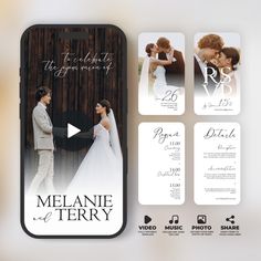 the wedding video is displayed on an iphone case with two photos and one texting