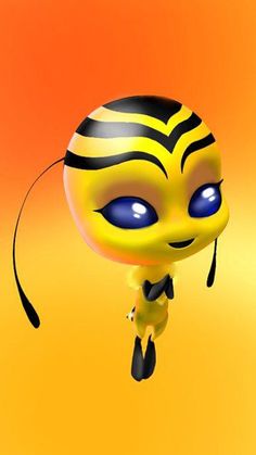 a yellow and black bee with blue eyes flying through the air in front of an orange background