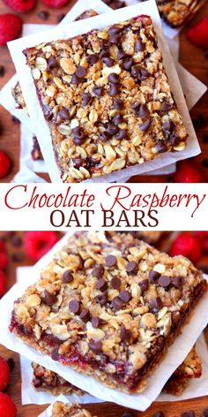 chocolate raspberry oat bars are stacked on top of each other