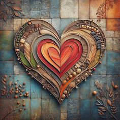 a painting of a heart made out of different colors and shapes on a tile wall