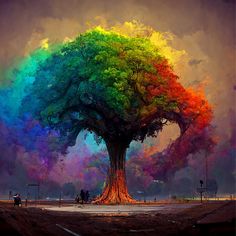 a colorful tree with people sitting under it