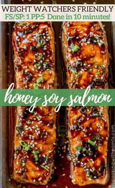 honey soy salmon in a pan with sesame seeds on top and text overlay that reads weight watchers friendly