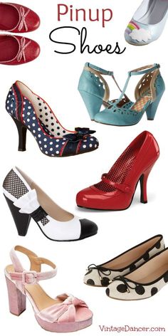 Pinup Shoes! Retro Vintage style pinups heels, flats, wedges, platforms, and polka dots 50s High Heels, Retro Vintage Outfits 1950s, 50's Shoes, 50s Heels, Pinup Shoes, Rockabilly Shoes, Pin Up Shoes