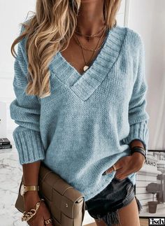 Fisdy - Stylish Solid Color Sweater with Collar, Long Sleeves, and Pullover Knitted Top Oversized Sweater Women, Pull Oversize, Solid Color Sweater, Casual Chique, Fashion Diva, Winter Pullover, Estilo Chic, Warm Sweaters, Long Sleeve Knit Tops