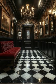 a black and white checkered floor in a room with chandeliers hanging from the ceiling