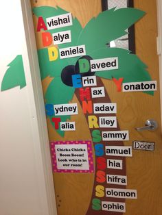 a door decorated with words and a palm tree