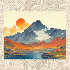 a painting of mountains with a lake in the foreground and an orange sun above them