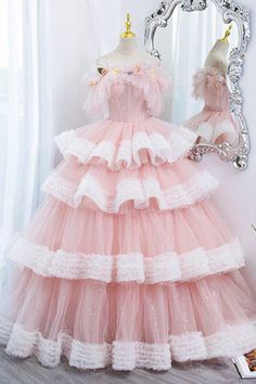 10% off now! pink and white princess ball gown formal prom dress with ruffles online. Sheprom offers formal, party, casual & more style dresses to fit your special occasions. Pink Sweet 16 Dresses, Pink Sweet 16 Dress, Pink Long Prom Dresses, Sparkly Ball Gown, Debut Dresses, Pink Sweet 16, Gown Pink, Fancy Fabric, Shopping Link