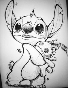 a drawing of a cartoon character with big eyes holding a small object in his hand