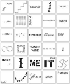 a black and white poster with different types of words on it, including letters that spell out