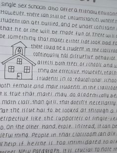 a piece of paper with writing on it and an image of a house in the middle