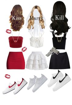 several different types of clothes and shoes with the words kiss marry kill on them in white