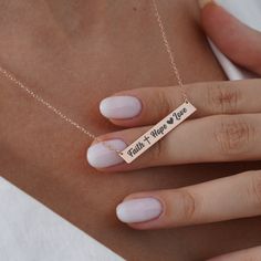 "Faith Necklace Hope Necklace Love Necklace for Women, Faith Hope Love, 14k Gold Bible Verse Bar Necklace, Scripture Necklace, Easter Gift This necklace will be certainly GREAT GIFT for Christmas, Easter, Anniversary, Valentines Day, Mother`s day, Birthday, Engagement, Bridesmaid or Girlfriends. INFO ABOUT PRODUCT *Material: High Quality 925 Sterling Silver/14K Solid Gold. *Finish: Sterling Silver, 14K Gold-Plated, 14K Rose Gold-Plated and 14K Solid Gold, 14K White Gold, 14K Rose Gold. *Pendant: Gold Bible Verse, Verse Necklace, Mama Bear Necklace, Bible Verse Jewelry, Bible Verse Necklace, Jesus Gifts, Scripture Gift, Faith Necklace, Mama Necklace