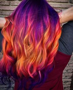 Purple Halloween Hair, Red Purple And Blonde Hair, Sunset Hair Color Peek A Boo, Short Fun Colored Hair, Purple Sunset Hair, Fire Colored Hair, Bright Summer Hair Color, Fire Hair Color Short, Phoenix Hair Color